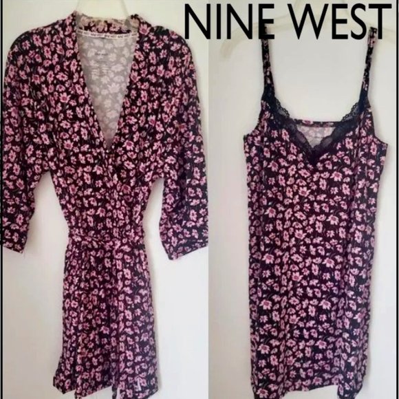 Lingerie Set Robe & Chemise Ditzy Pink Floral on Black Lace Detail Loungey Comfy - Picture 1 of 10